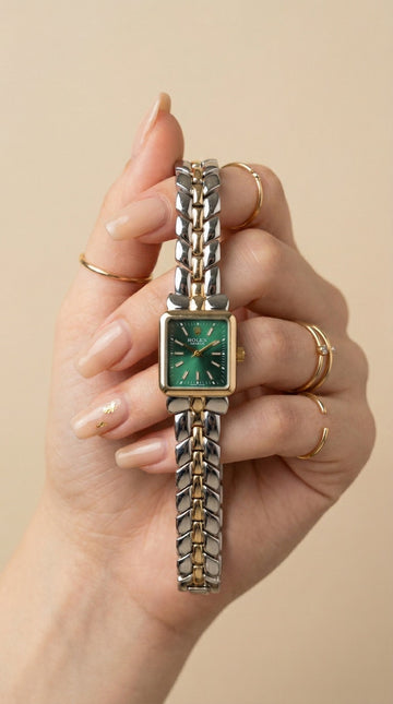 Rol-ex Gilded Square Women Watch - Green Dial