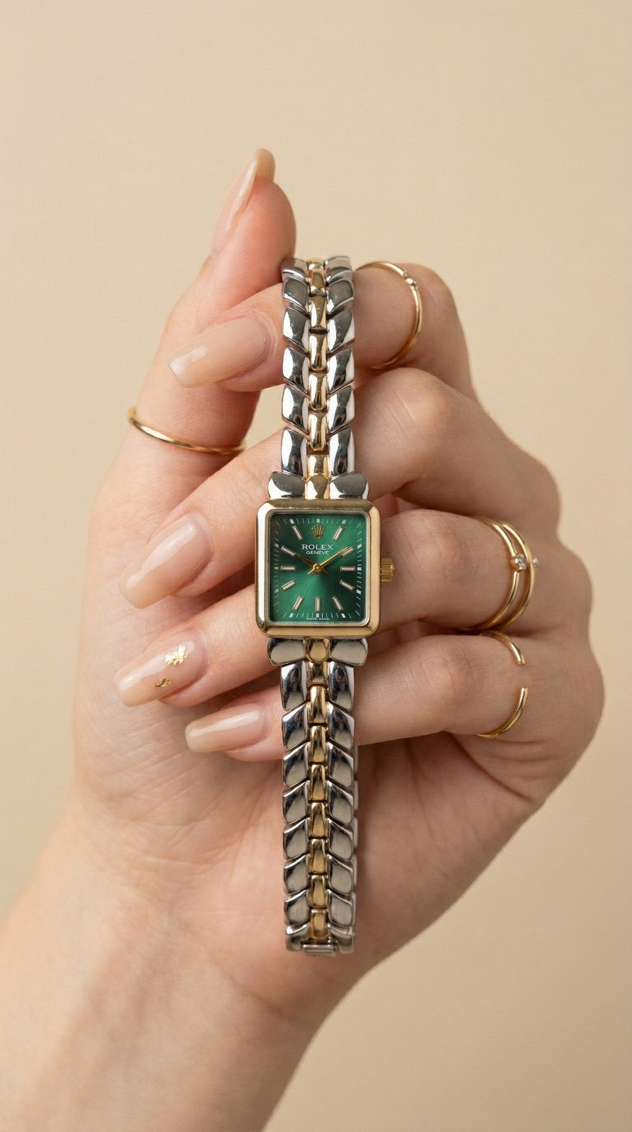 Rol-ex Gilded Square Women Watch - Green Dial
