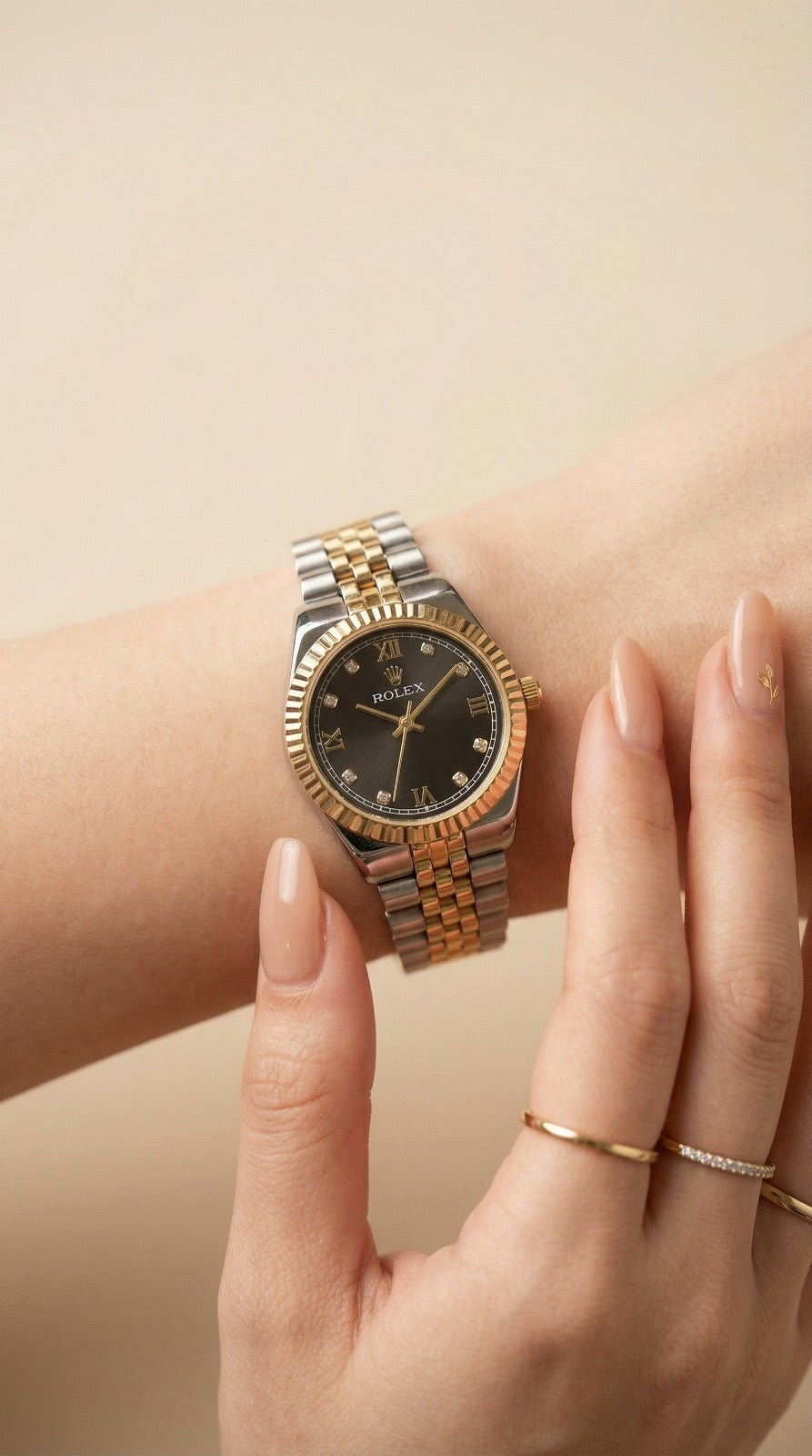 Rolex Classic Two Tone Women Watch - Black Dial
