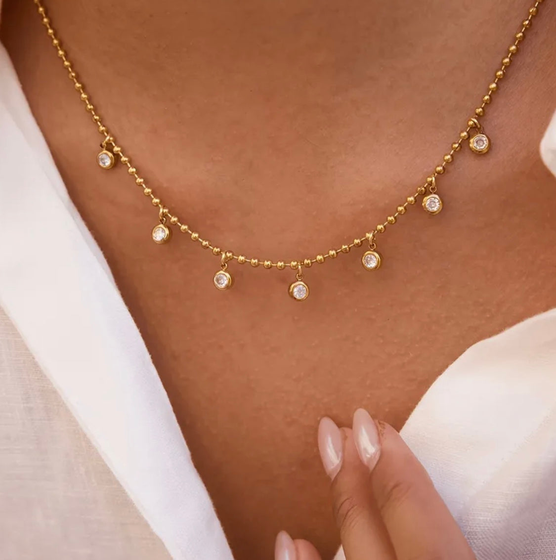 White Stone Drop Necklace – Elegant 18K Gold Plated Stainless Steel Pendant Necklace for Women in Pakistan