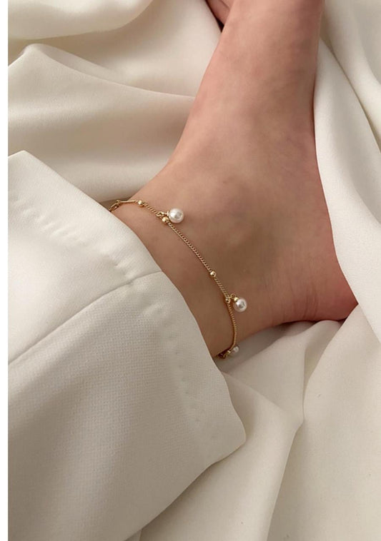 Elegant Pearl & Gold Beaded Anklet