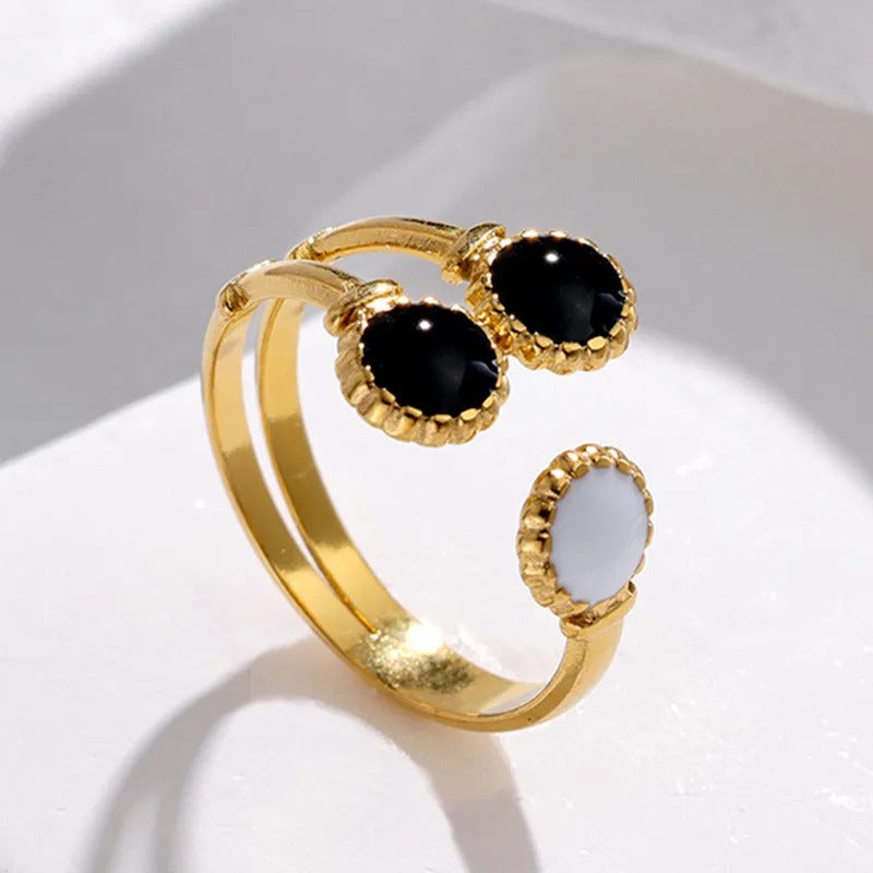 Black & White Dual-Stone Adjustable Gold Ring