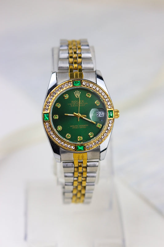 Rol-ex Gilded Green Datejust Watch