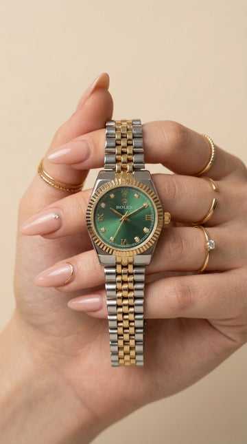 Rolex Classic Two Tone Women Watch - Green Dial