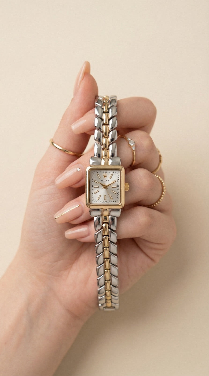 Rol-ex Gilded Square Women Watch - White Dial