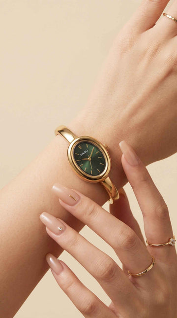 Golden Watch Bangle - Green Dial