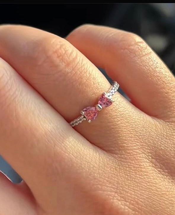 Silver Pink Bow Ring