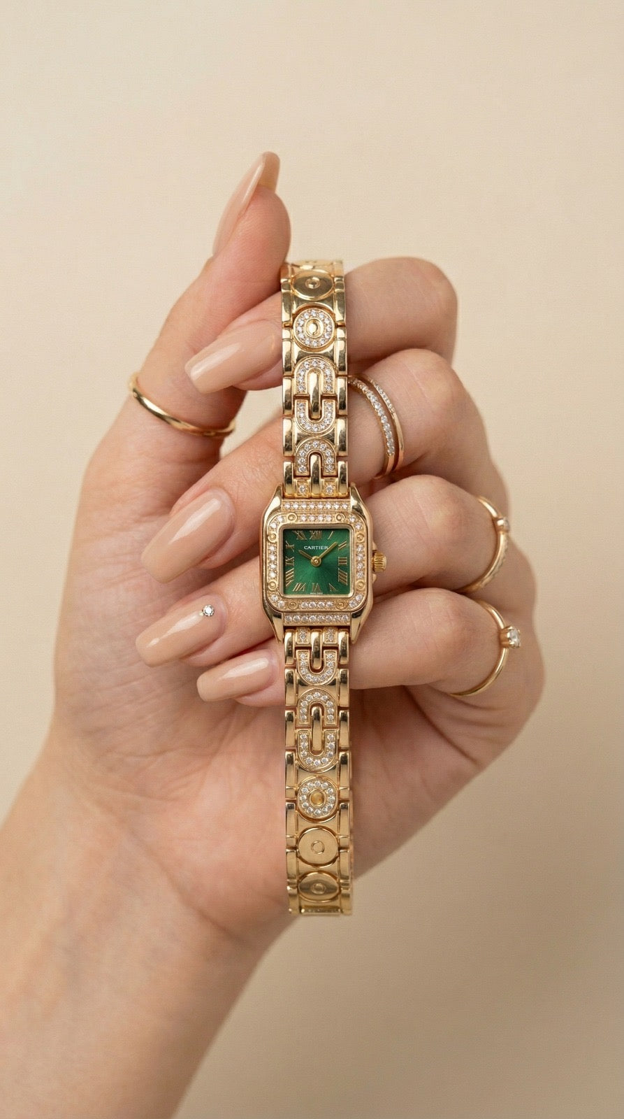 Cartier Sparkle Golden Green Dial Women Watch