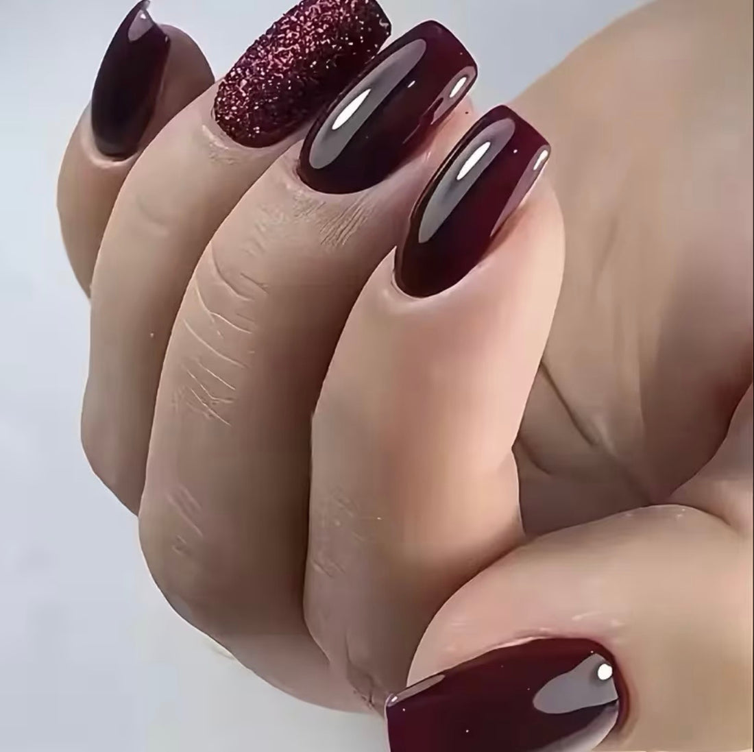 Wine Red & Glitter Square Shaped 24pcs Press-on Nails
