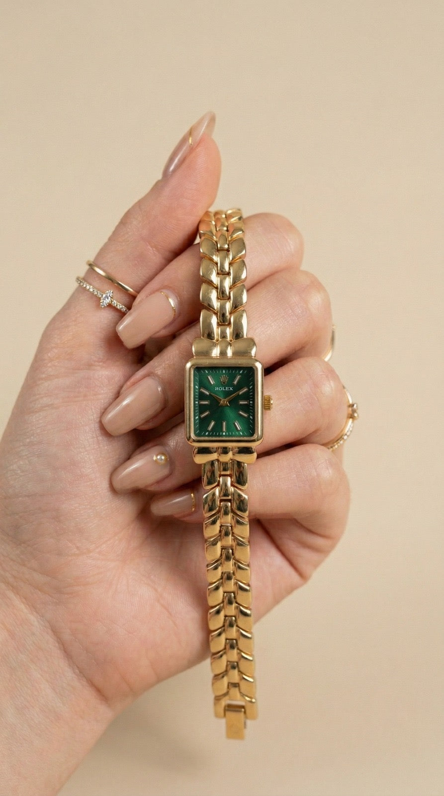 Rol-ex Gilded Square Golden Women Watch - Green Dial