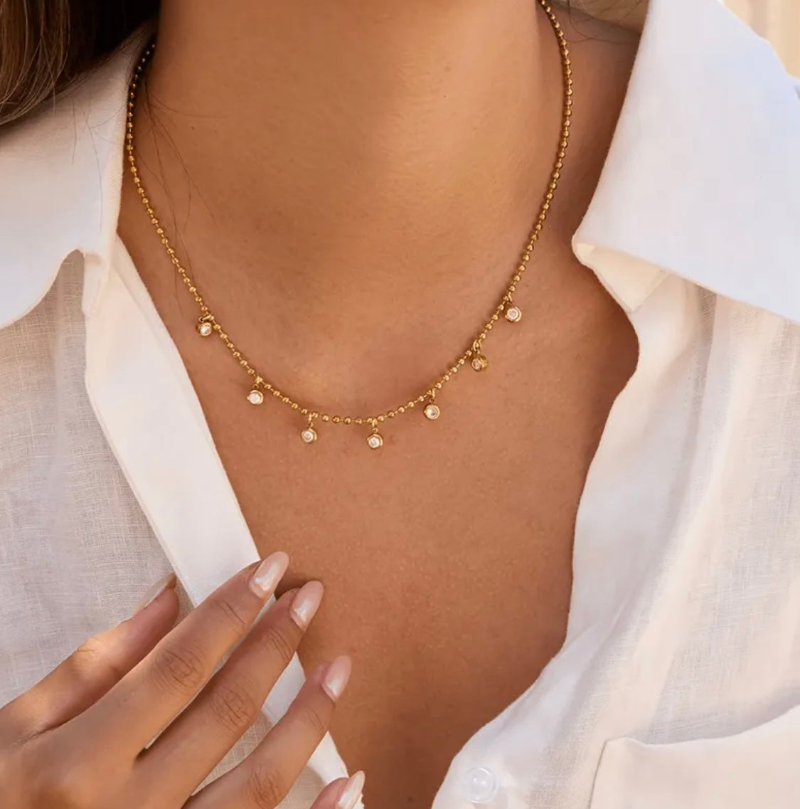 White Stone Drop Necklace – Elegant 18K Gold Plated Stainless Steel Pendant Necklace for Women in Pakistan