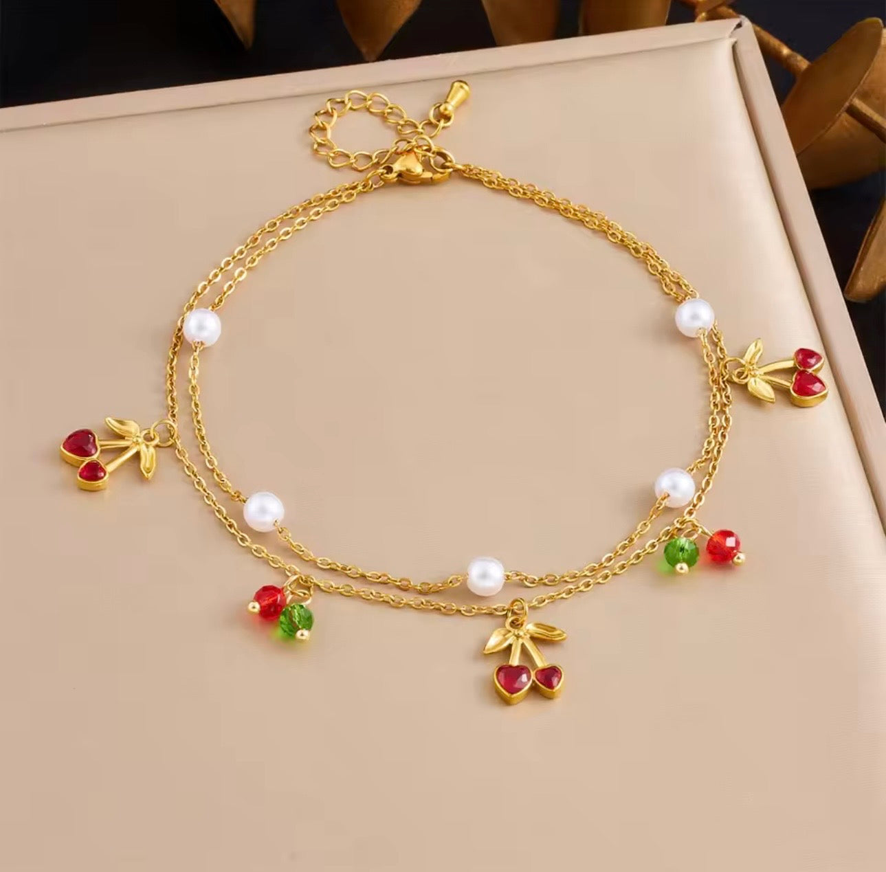 Layered Cherry and Pearl Anklet