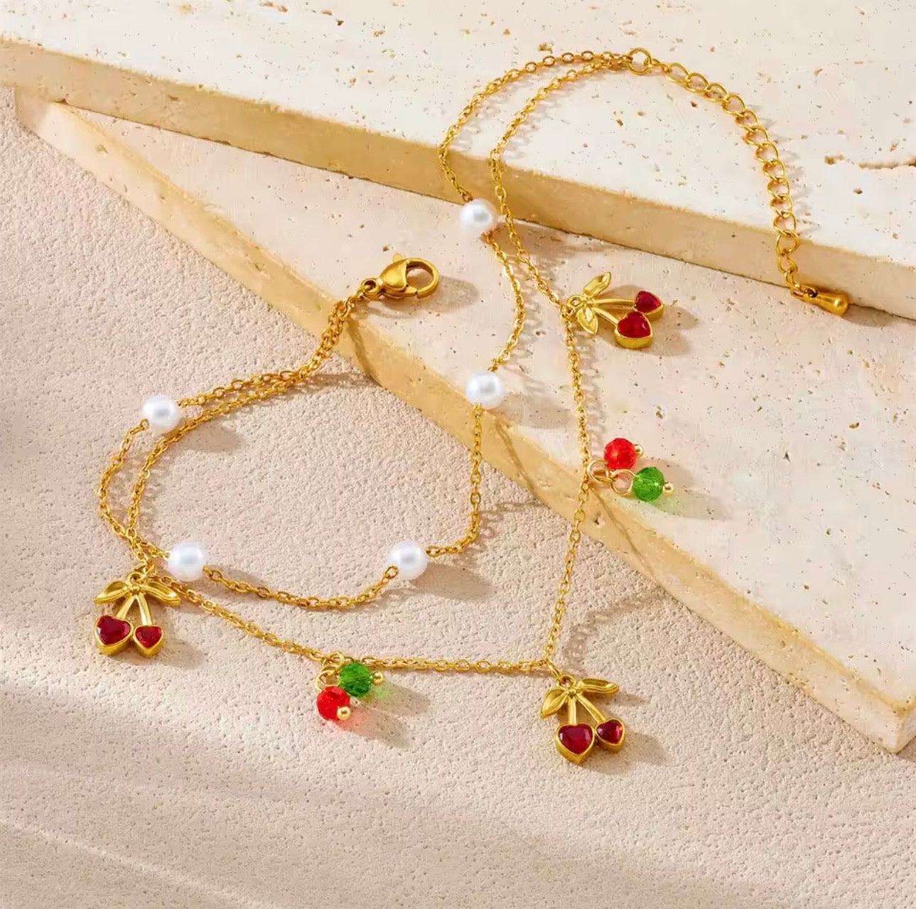 Layered Cherry and Pearl Anklet