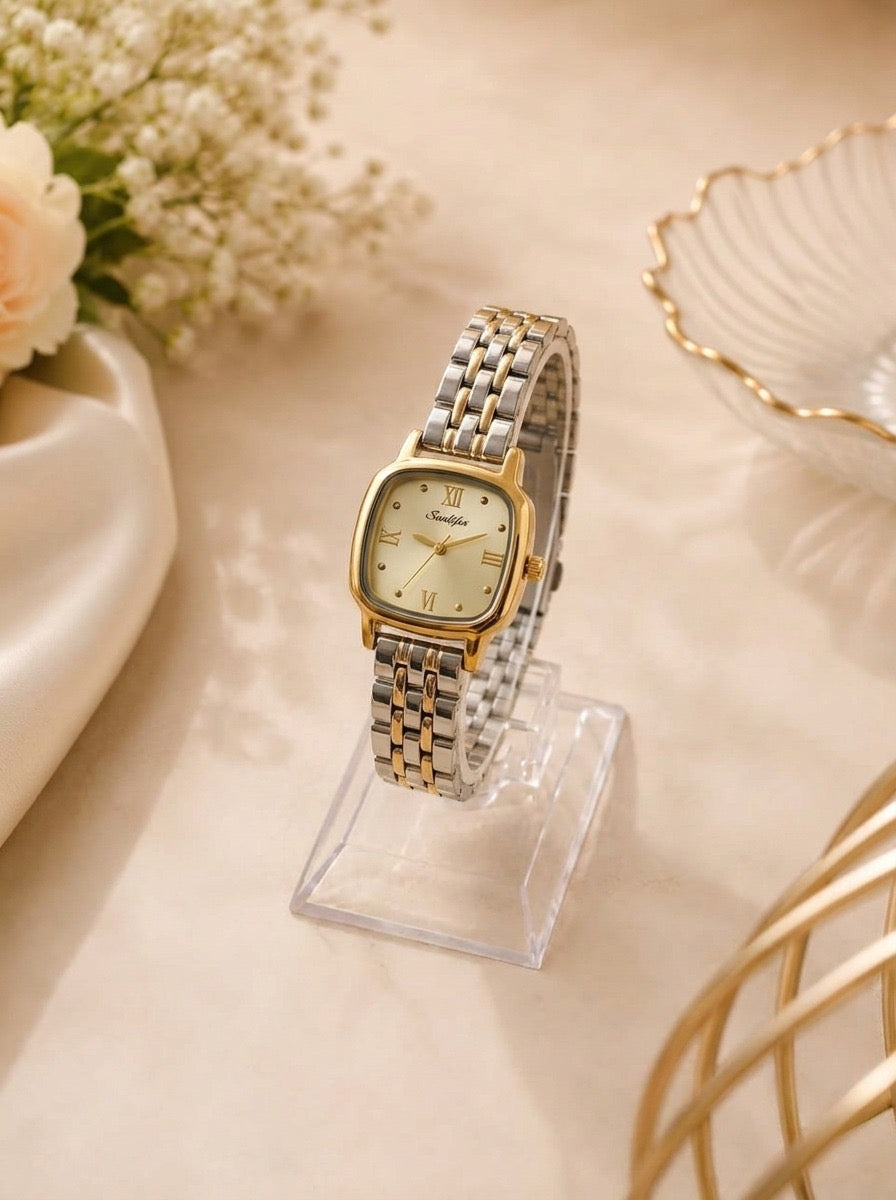 Sunliflex two tone Vintage Square Women's Watch - Golden