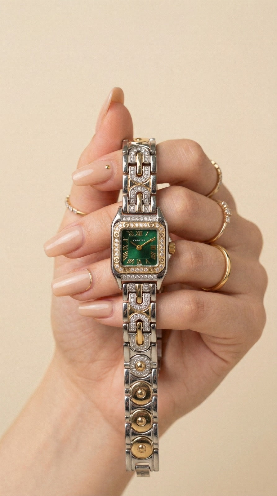 Cartier Sparkle Two Tone Green Dial Women Watch