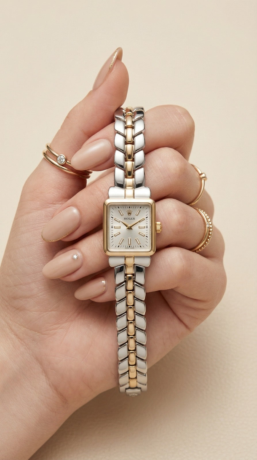 Rol-ex Gilded Square Women Watch - White Dial