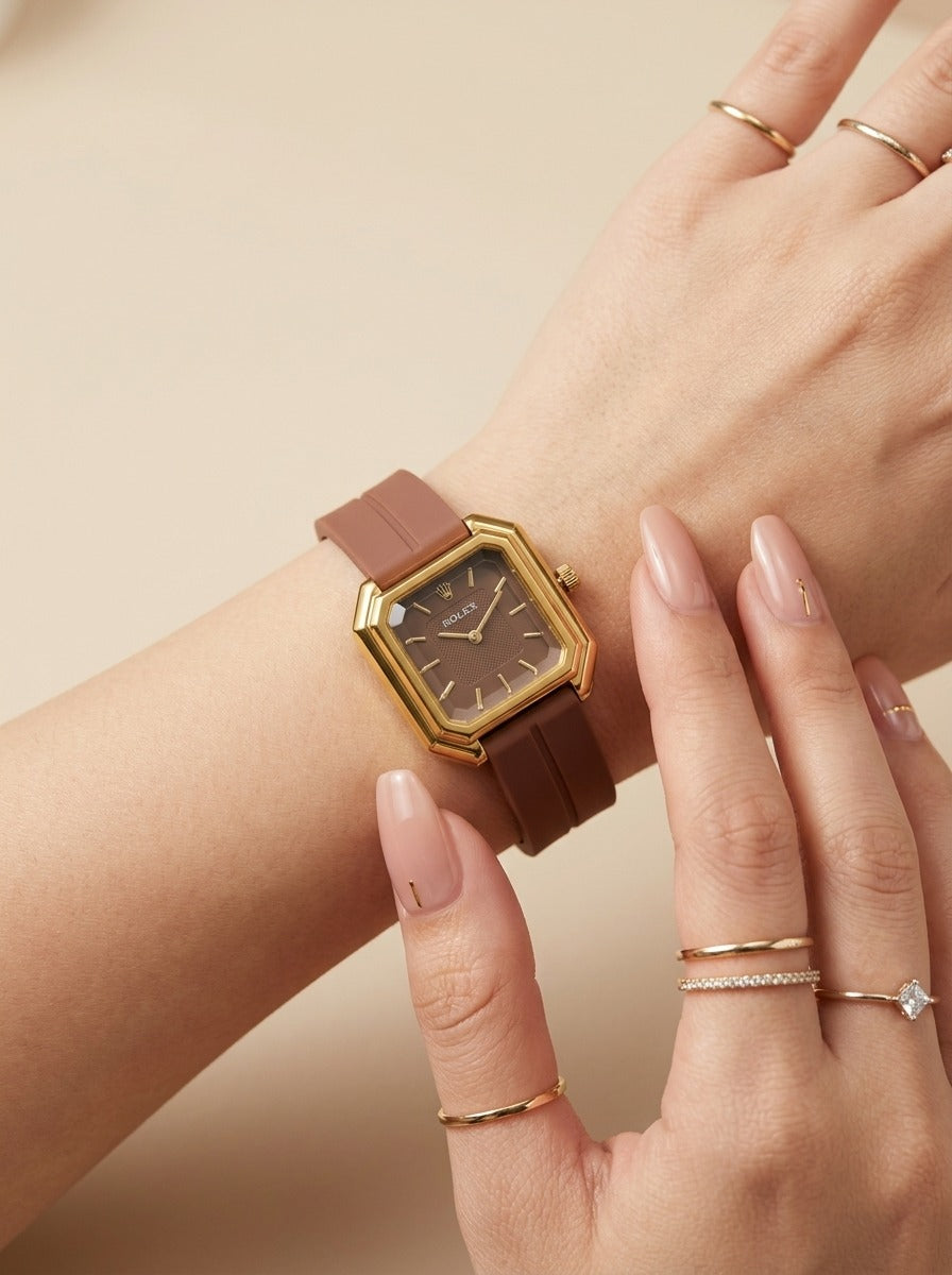 Rol-ex Heritage Octo Women Rubber Strap Watch - Brown