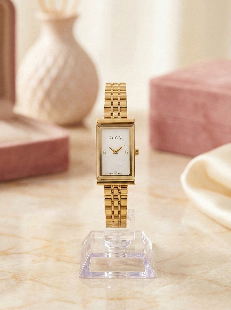 Gucci Rectangular Diamond Dial Gold Stainless Steel Watch for Women