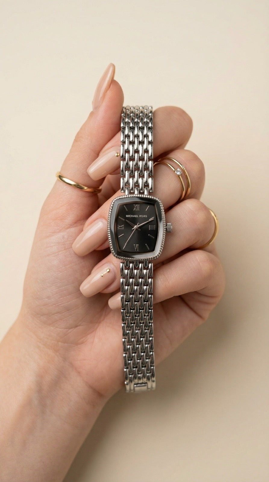 Mk Silver Roman Women Watch - Black Dial