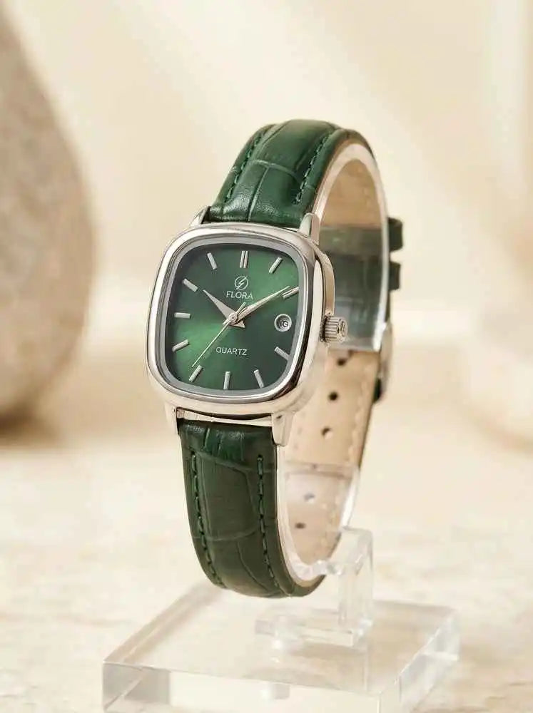 Flora Heritage Women Strap Watch with elegant green dial and vintage-inspired design, perfect for daily wear jewellery Pakistan and office wear jewellery Pakistan styling.