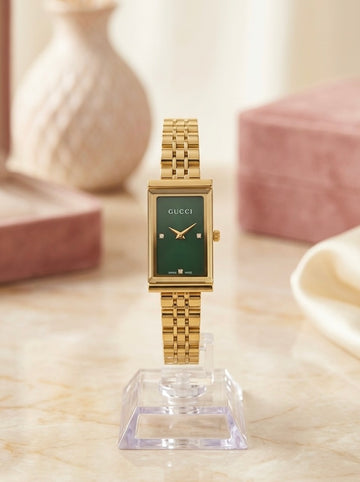 Gucci Rectangular Diamond Dial Gold Stainless Steel Watch for Women