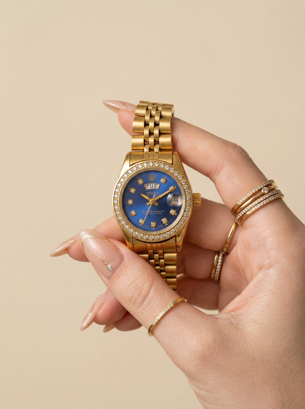 Ro-lex Blue Sparkle Day-Date Women Watch