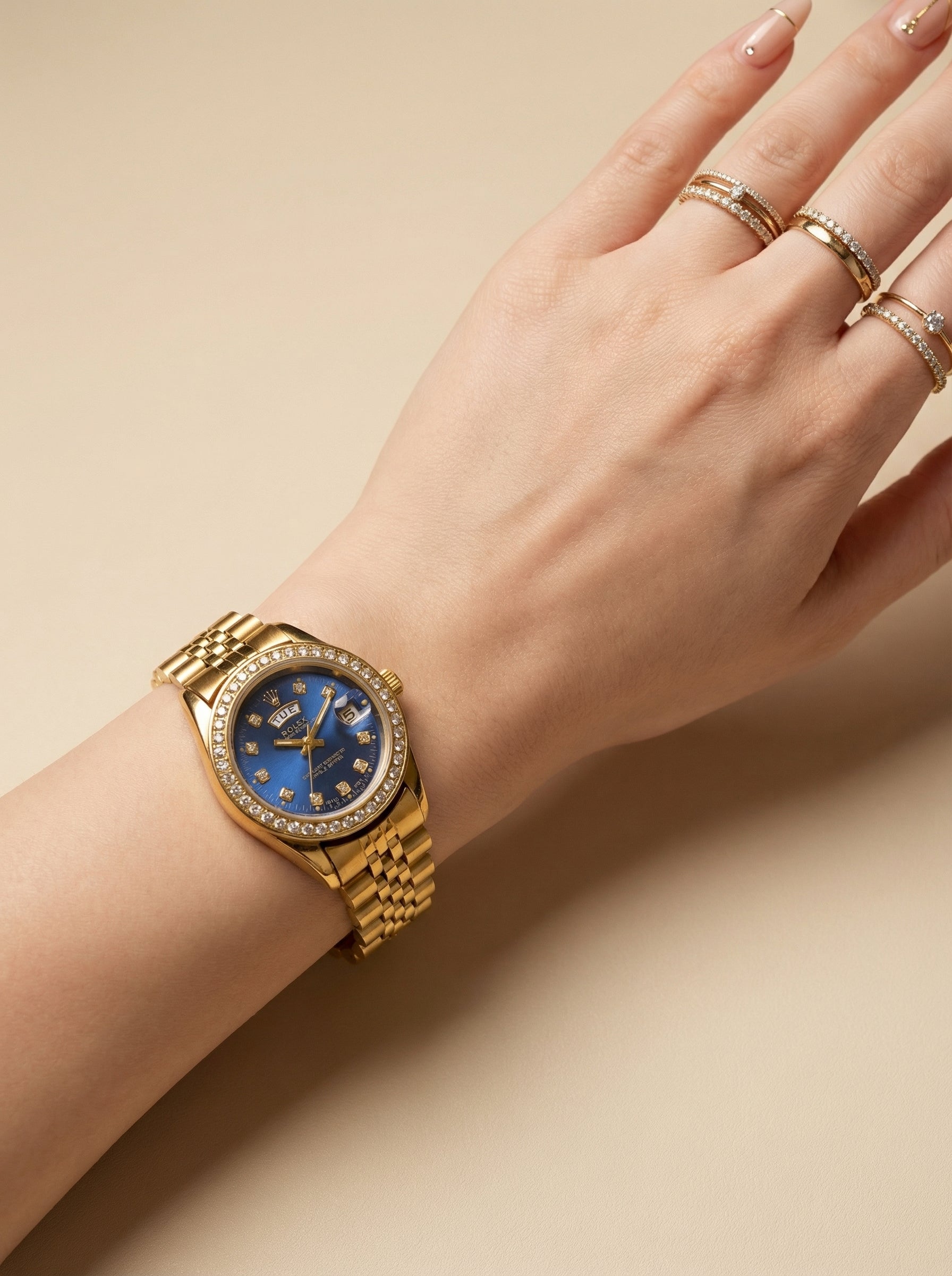 Ro-lex Blue Sparkle Day-Date Women Watch