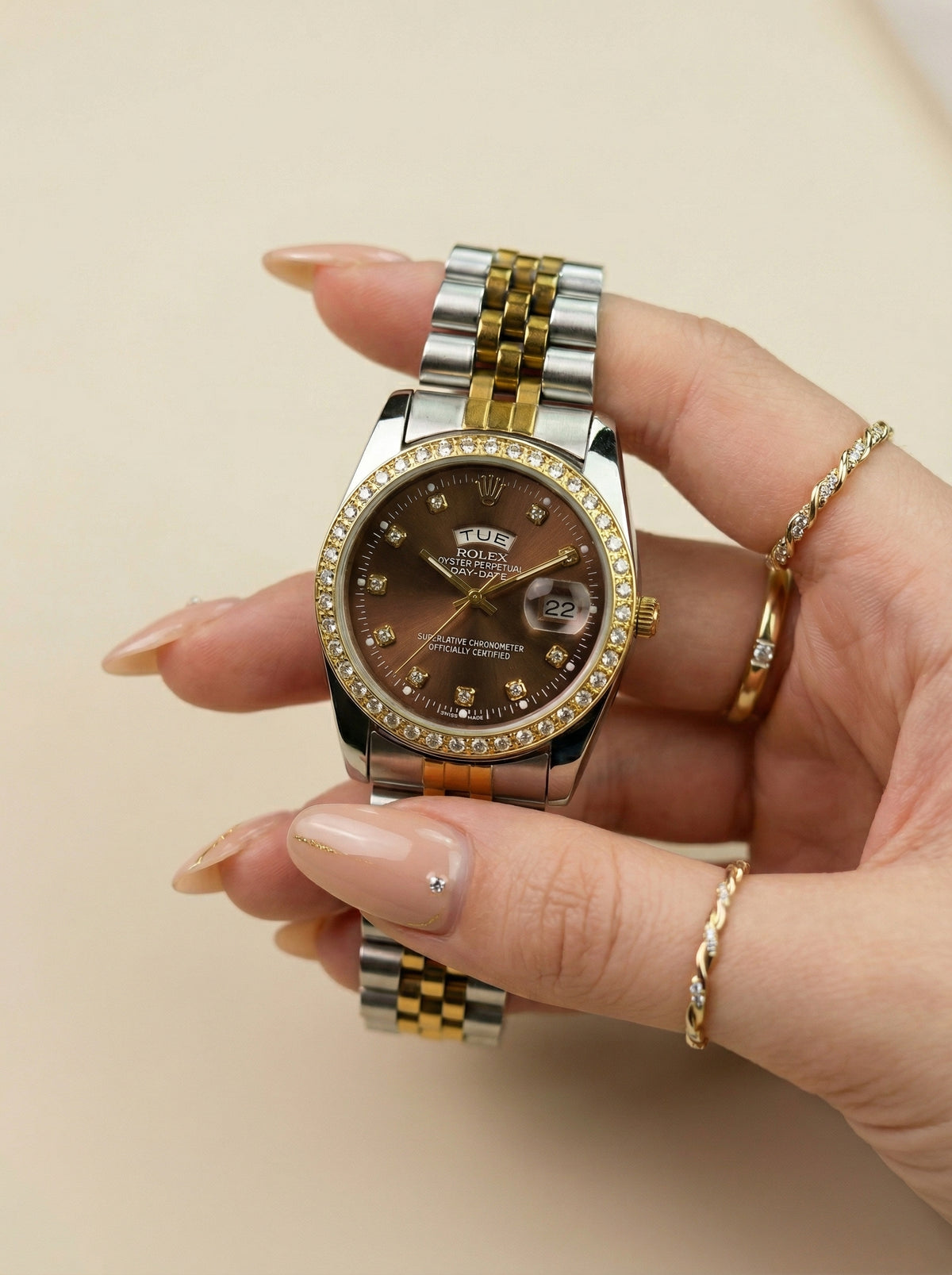 Ro-lex Chocolate Two-Tone Day-Date Women Watch