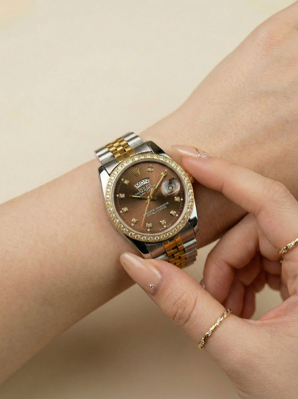 Ro-lex Chocolate Two-Tone Day-Date Women Watch
