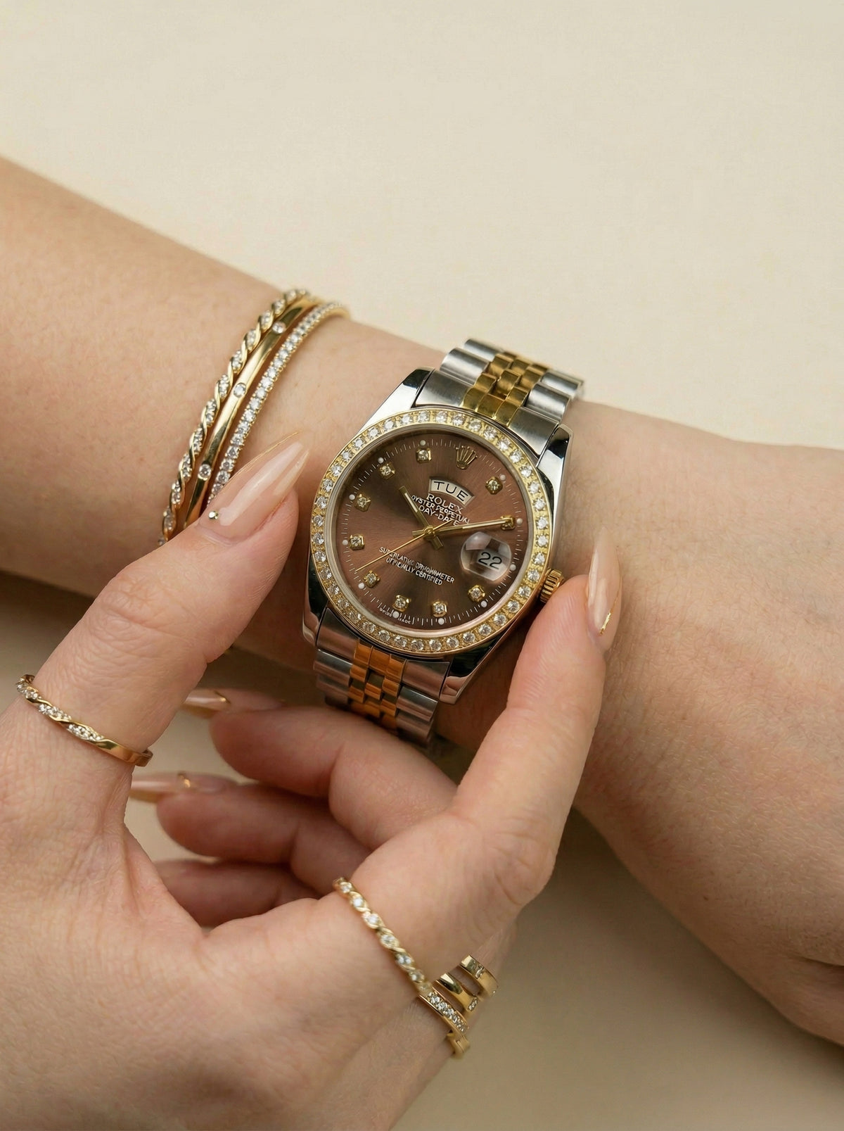 Ro-lex Chocolate Two-Tone Day-Date Women Watch