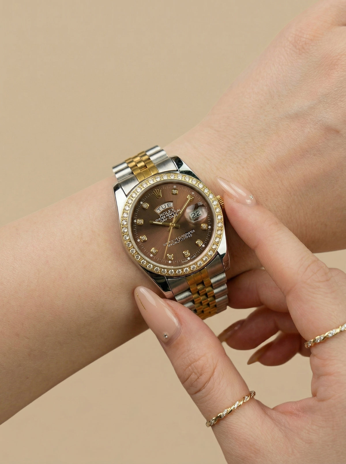 Ro-lex Chocolate Two-Tone Day-Date Women Watch