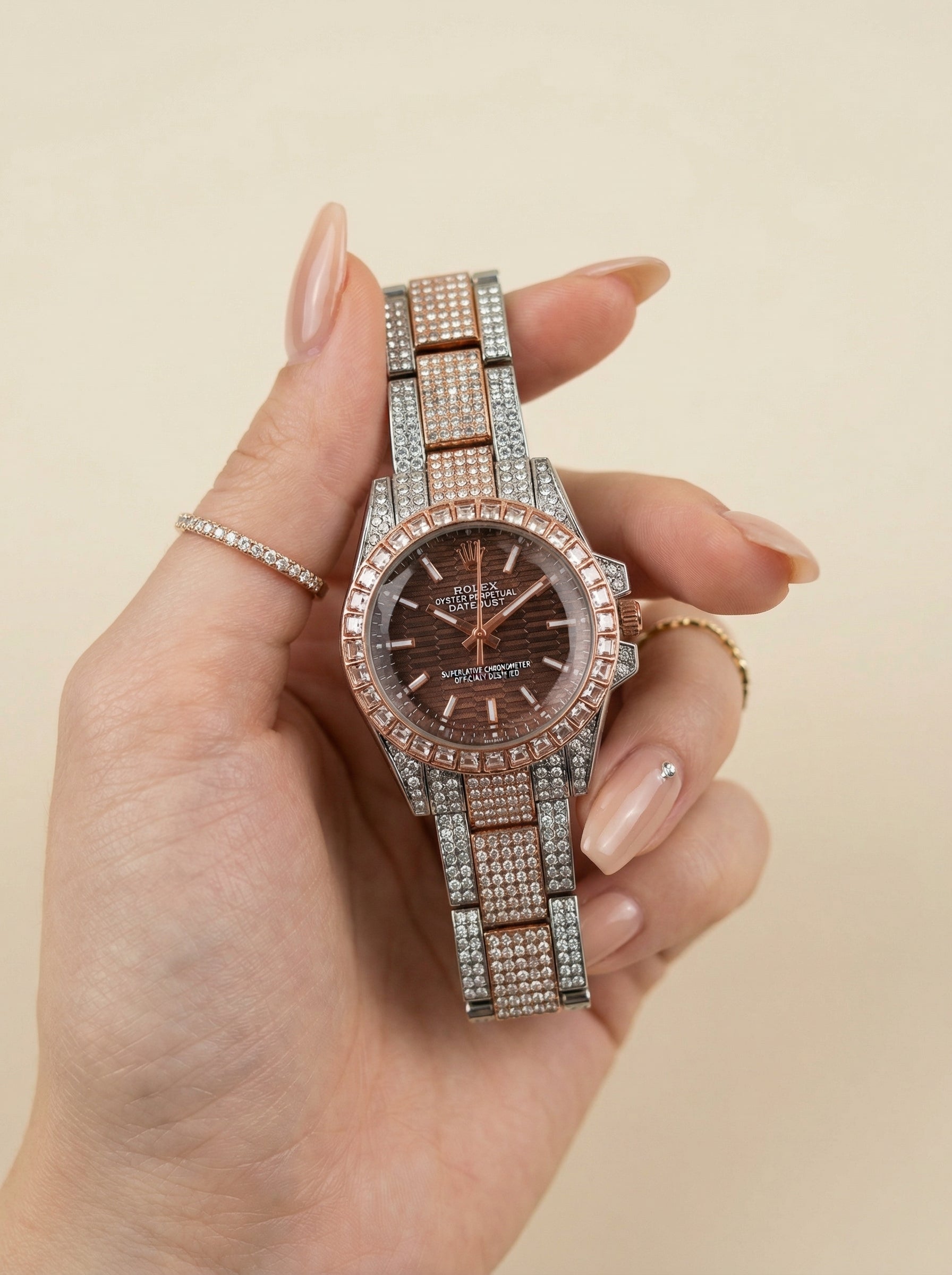 Rol-ex Two-Tone Maroon Diamond-Studded Watch