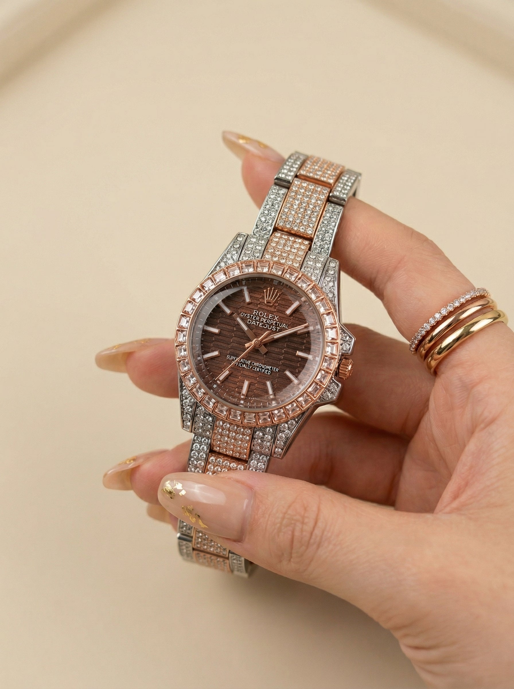 Rol-ex Two-Tone Maroon Diamond-Studded Watch