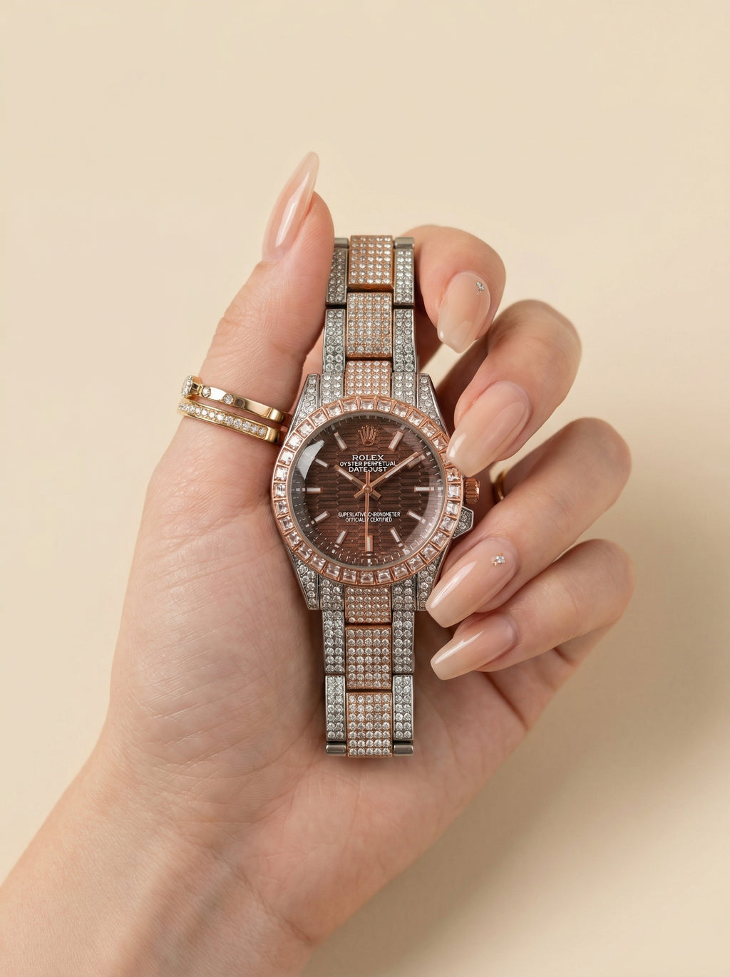 Rol-ex Two-Tone Maroon Diamond-Studded Watch