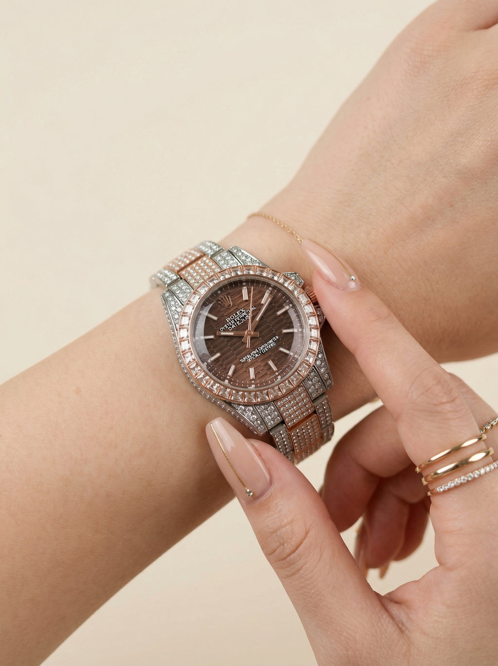 Rol-ex Two-Tone Maroon Diamond-Studded Watch