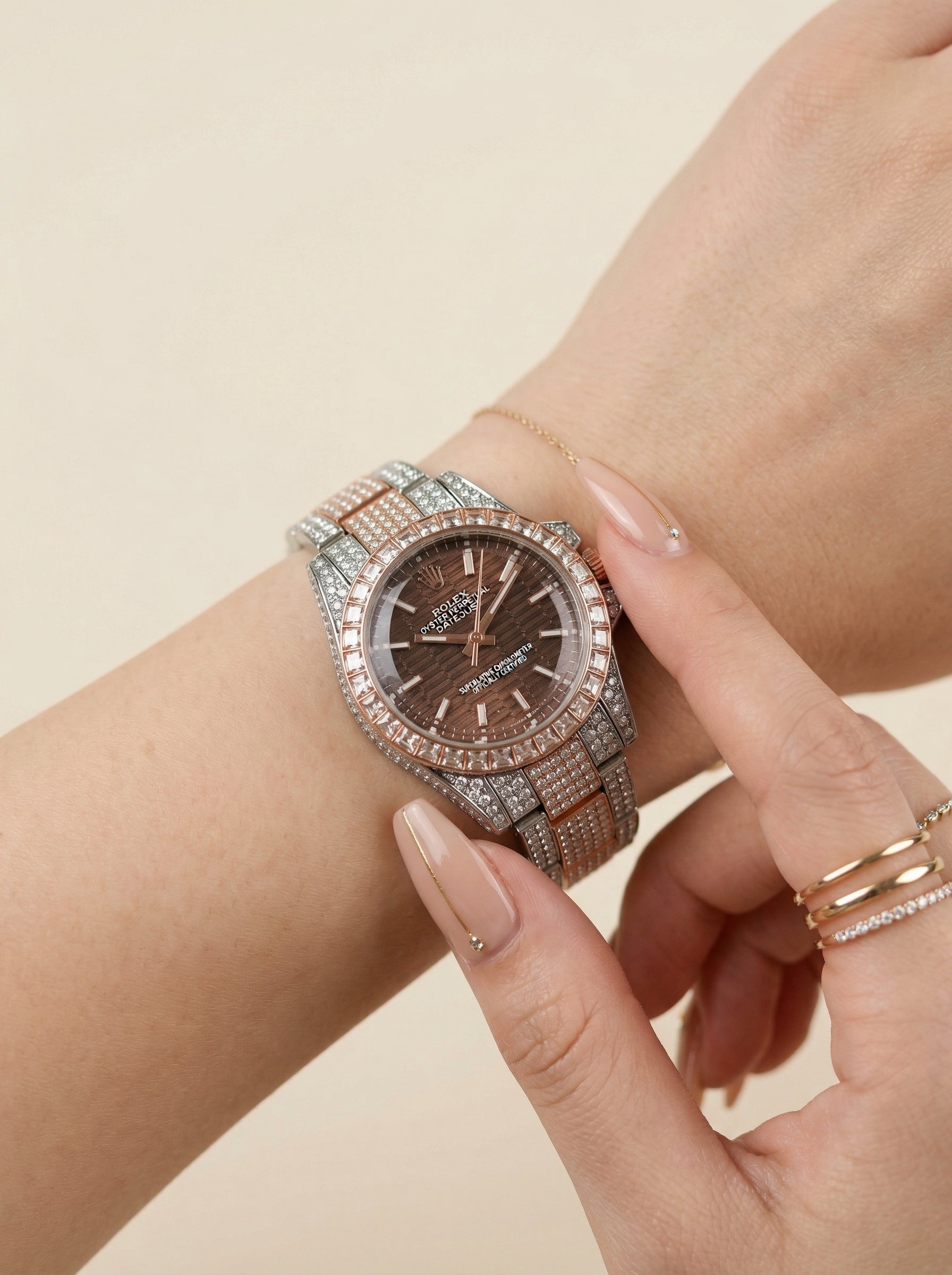 Rol-ex Two-Tone Maroon Diamond-Studded Watch