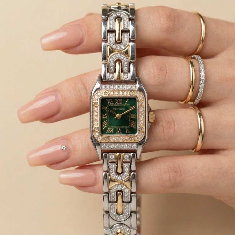Cartier Sparkle Two Tone Green Dial Women Watch