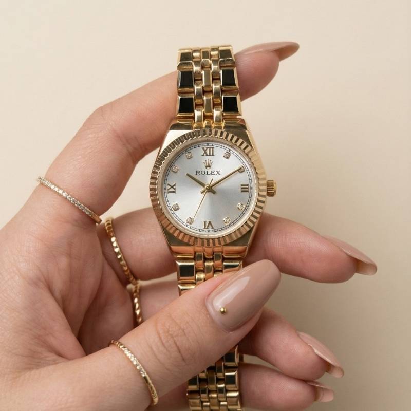 Rolex Classic Golden Women Watch - White Dial