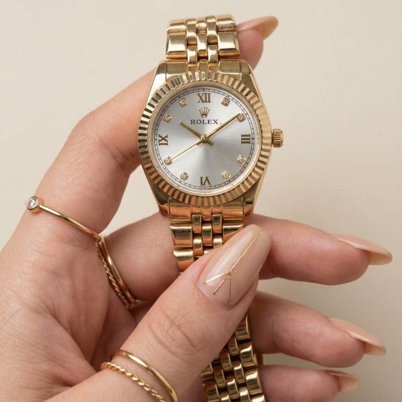 Rolex Classic Golden Women Watch - White Dial