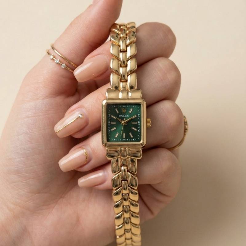 Rol-ex Gilded Square Golden Women Watch - Green Dial