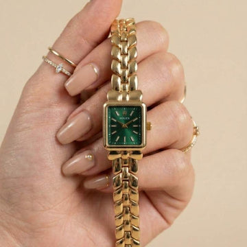 Rol-ex Gilded Square Golden Women Watch - Green Dial