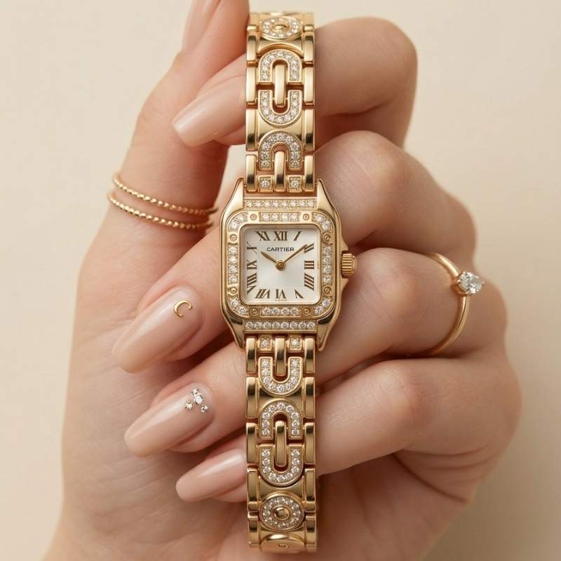 Cartier Sparkle Golden White Dial Women Watch
