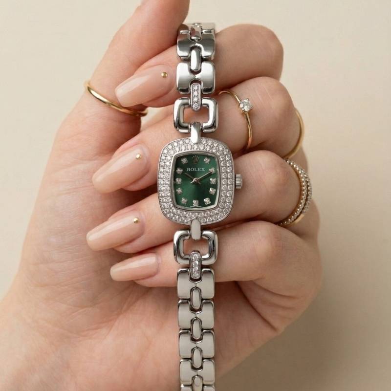 Rol-ex Opulence Silver Women Watch - Green Dial