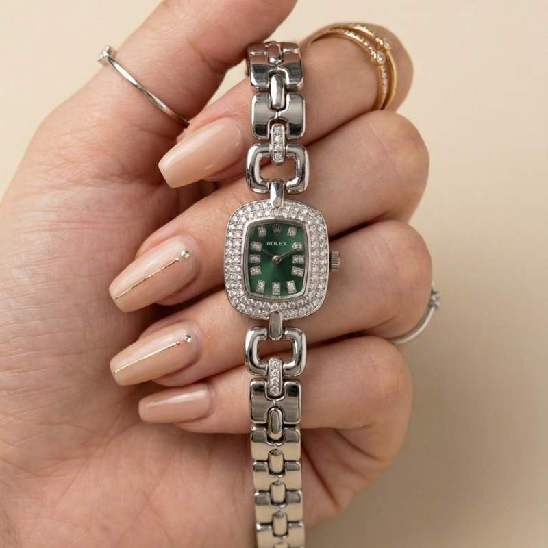 Rol-ex Opulence Silver Women Watch - Green Dial