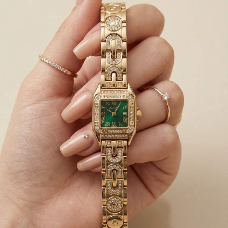 Cartier Sparkle Golden Green Dial Women Watch