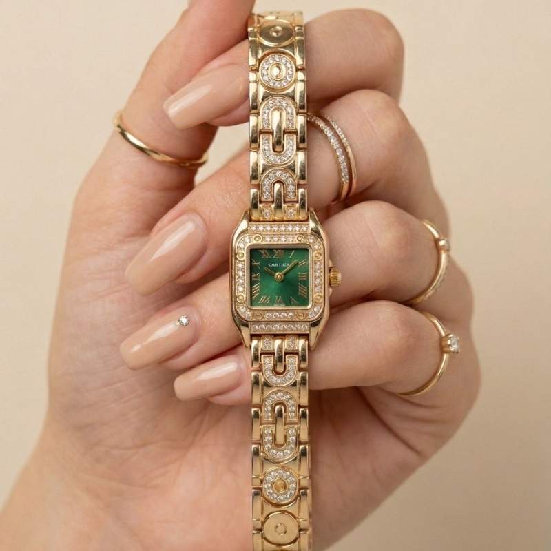 Cartier Sparkle Golden Green Dial Women Watch