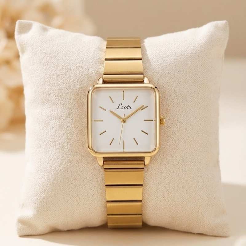 Lsotr Gold White Dial Quadro Pressed Women Watch