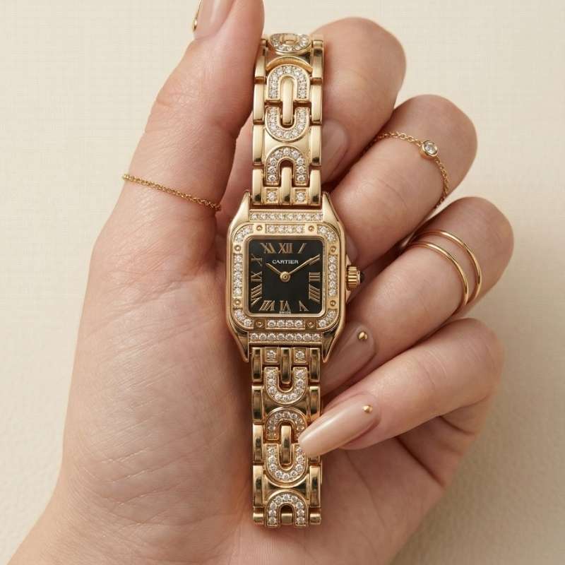 Cartier Sparkle Golden Black Dial Women Watch h