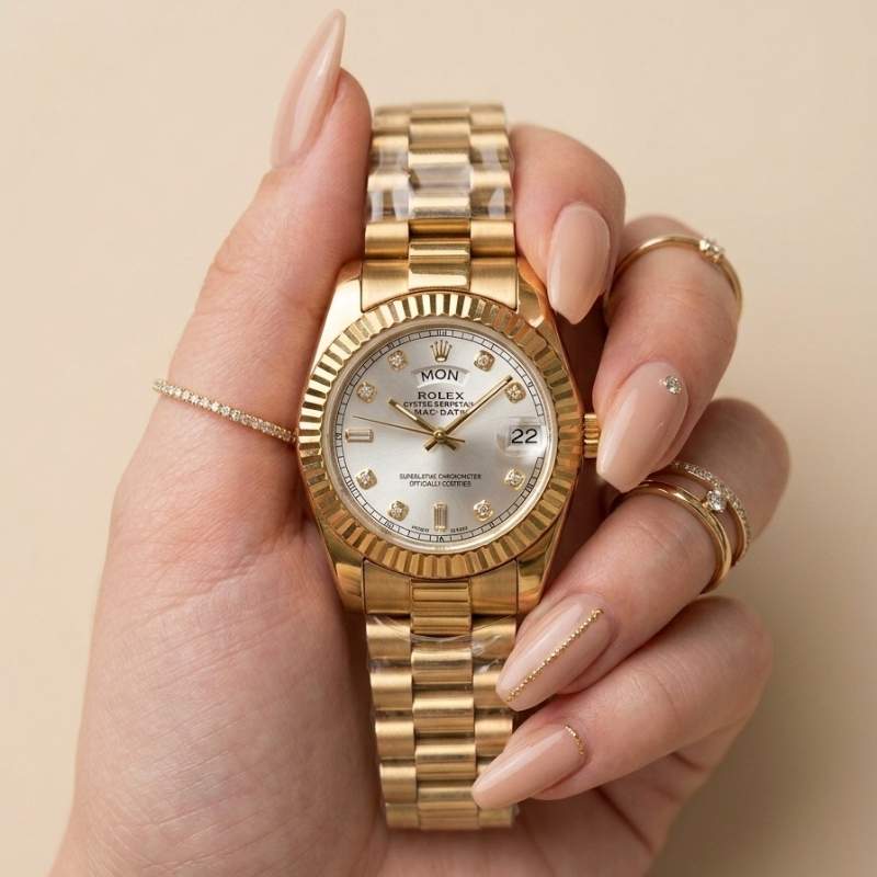 Rolex Day Date Golden-White Dial Women Watch
