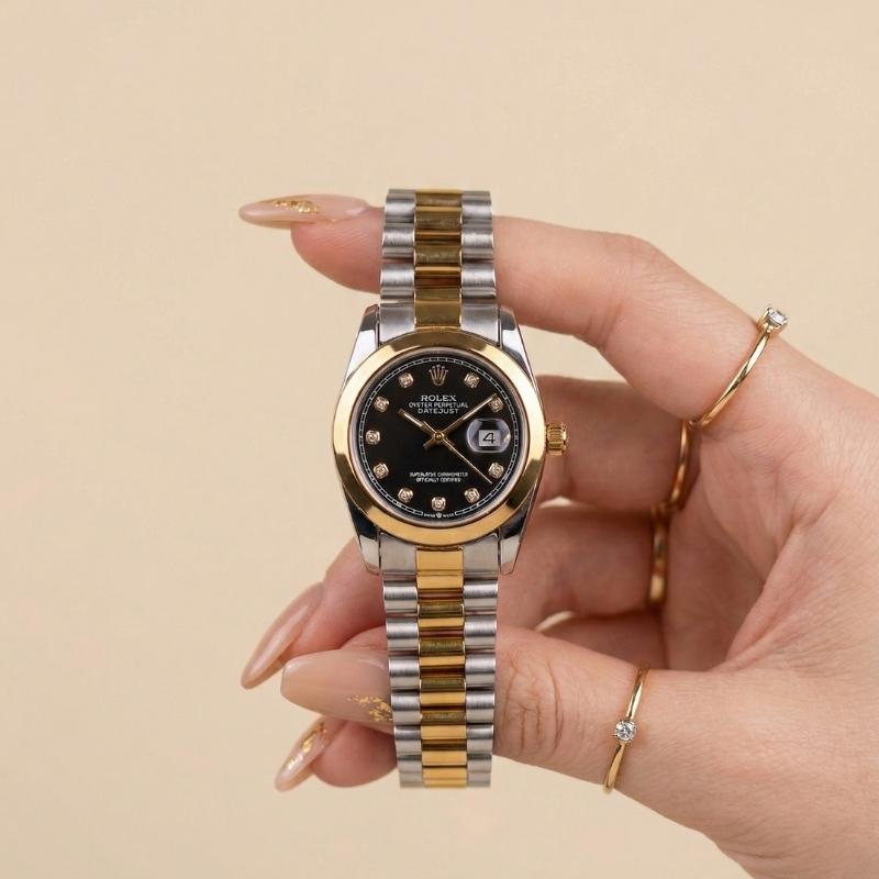 Rol-ex Black Pearl DateJust Women Watch - Plain Bezel